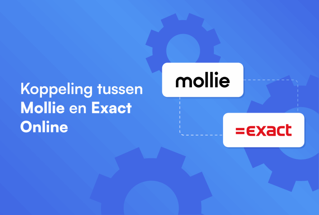mollie logo en exact logo, met daarnaast de tekst koppeling tussen mollie en exact online, op een blauwe achtergrond met tandwielen