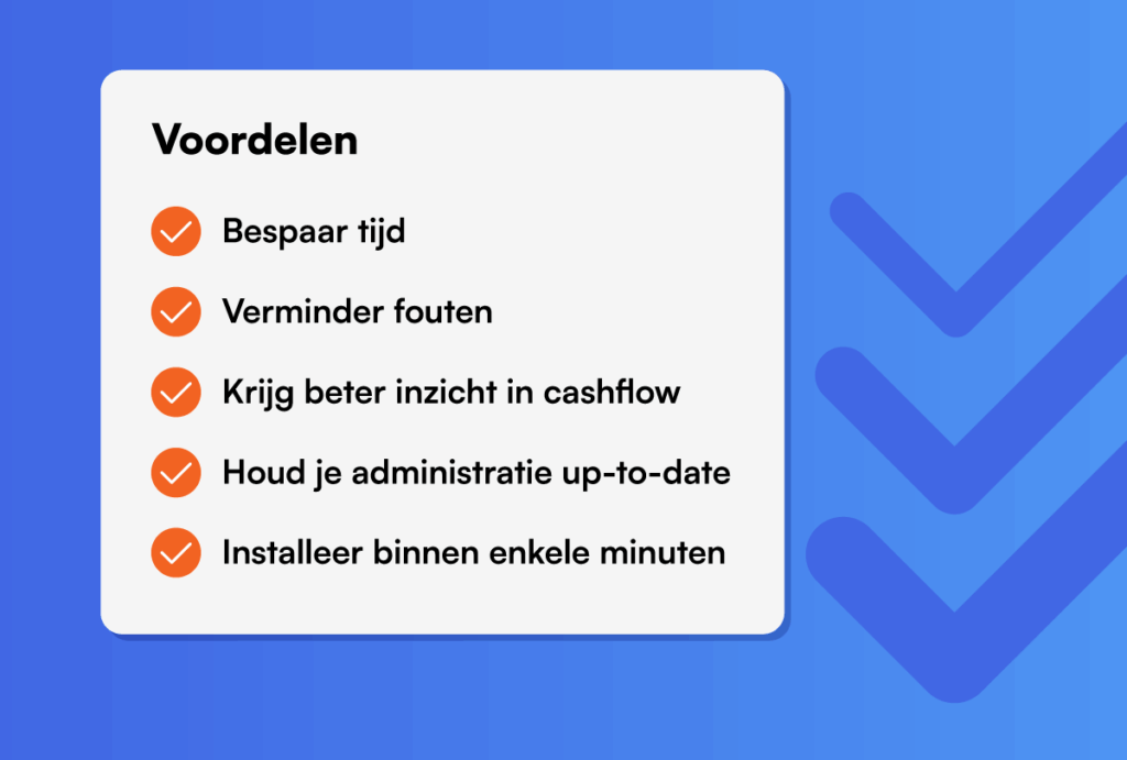de voordelen van de ziosync paypal koppeling opgesomd met oranje vinkjes ernaast in een wit blok, op een blauwe achtergrond met pijlen