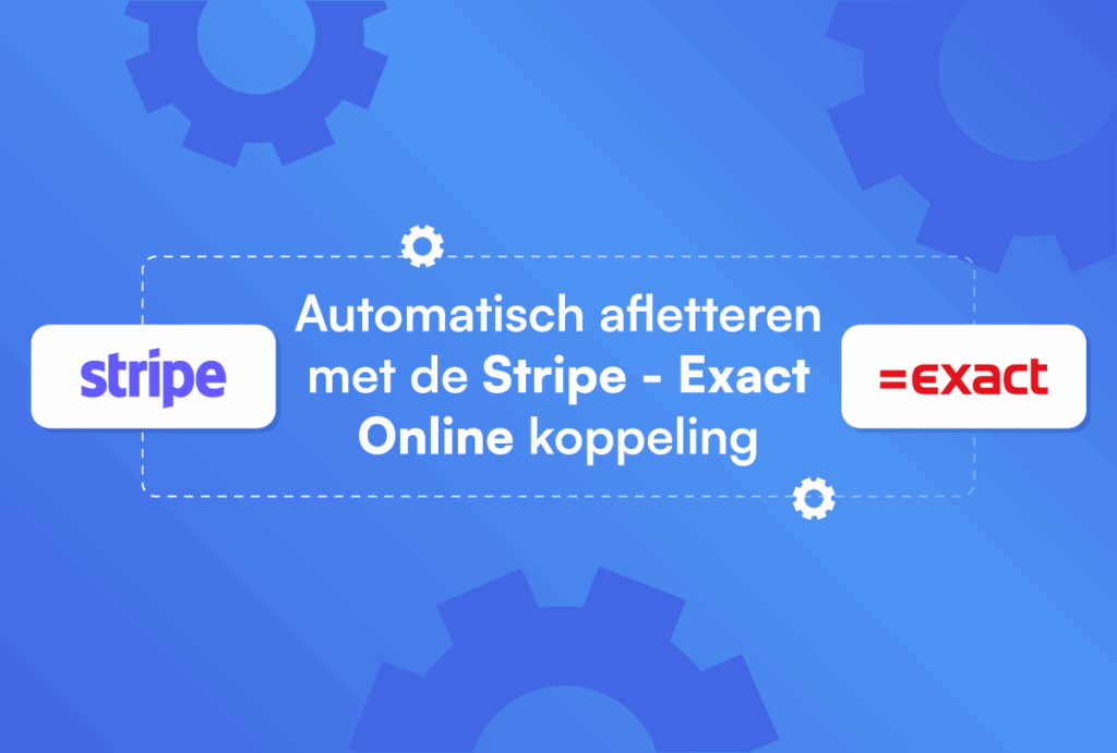 stripe logo en exact logo, met de tekst automatisch afletteren met de stripe - exact online koppeling in het midden, op een blauwe achtergrond met tandwielen