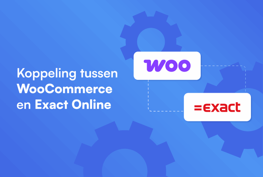 logo woocommerce en logo exact online met de tekst koppeling tussen woocommerce en exact online, op een blauwe achtergrond met tandwielen