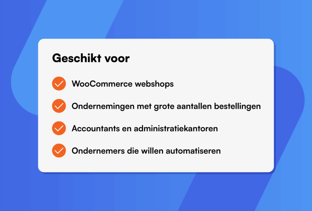 wit blok met de tekst geschikt voor en een opsomming met oranje vinkjes, op een blauwe achtergrond
