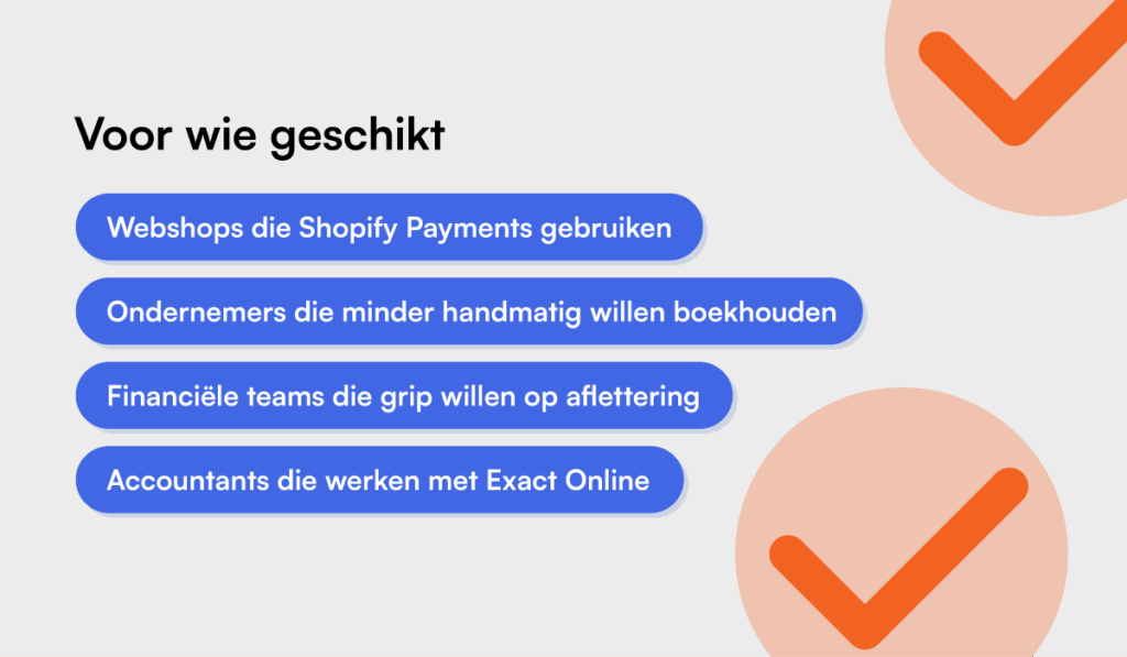 de tekst voor wie geschikt met daaronder een opsomming in blauwe balken, op een witte achtergrond met oranje vinkjes