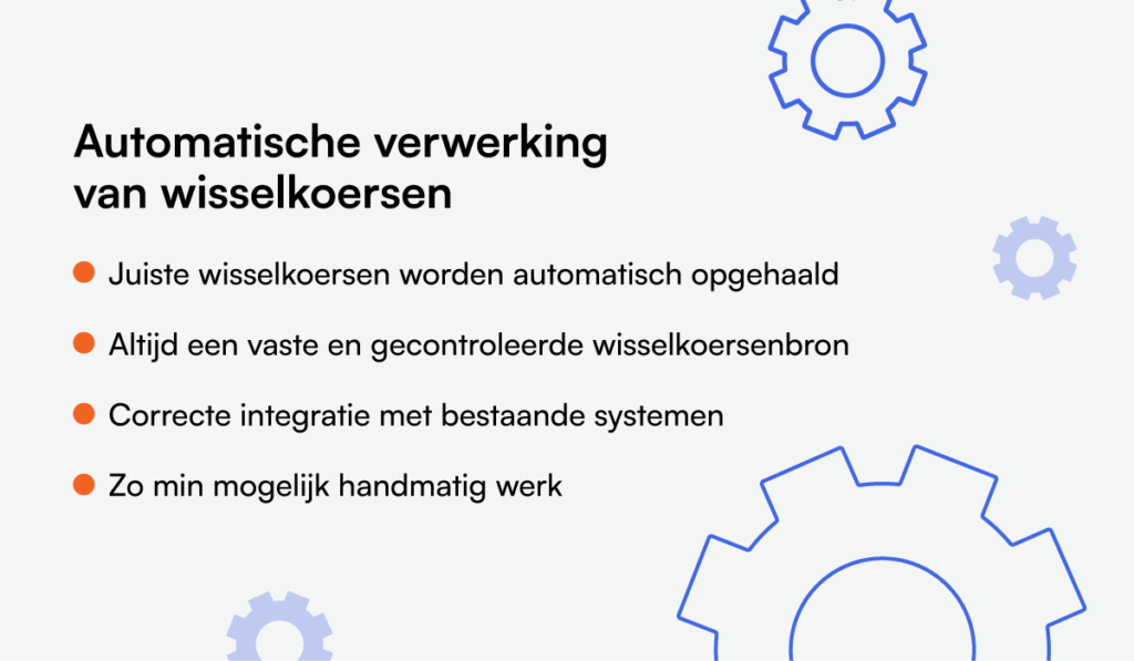 de tekst automatische verwerken van wisselkoersen met een opsomming van de voordelen naast oranje vinkjes, op een witte achtergrond met tandwielen