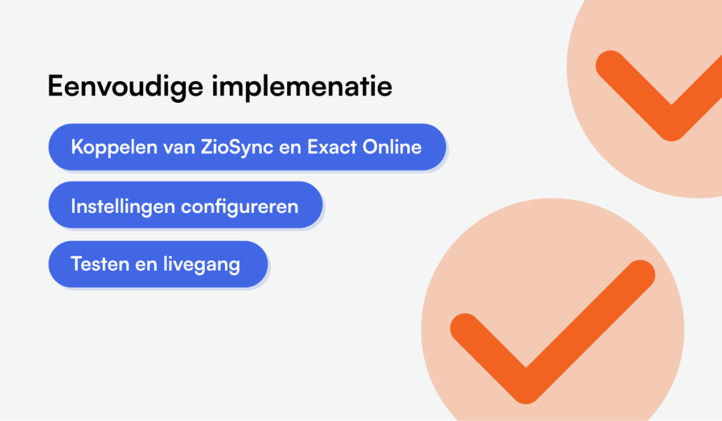 de tekst eenvoudige implementatie met een opsomming van de installatie stappen in blauwe vakjes, op een witte achgerond met oranje vinkjes