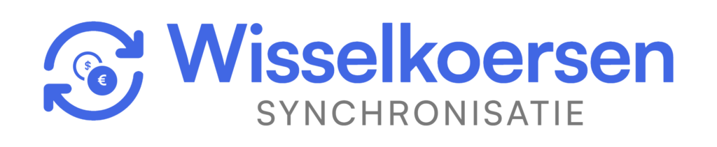 Wisselkoersen Synchronisatie met een blauw symbool van twee pijlen die een cirkel vormen, met daarin een dollarteken en een euroteken.