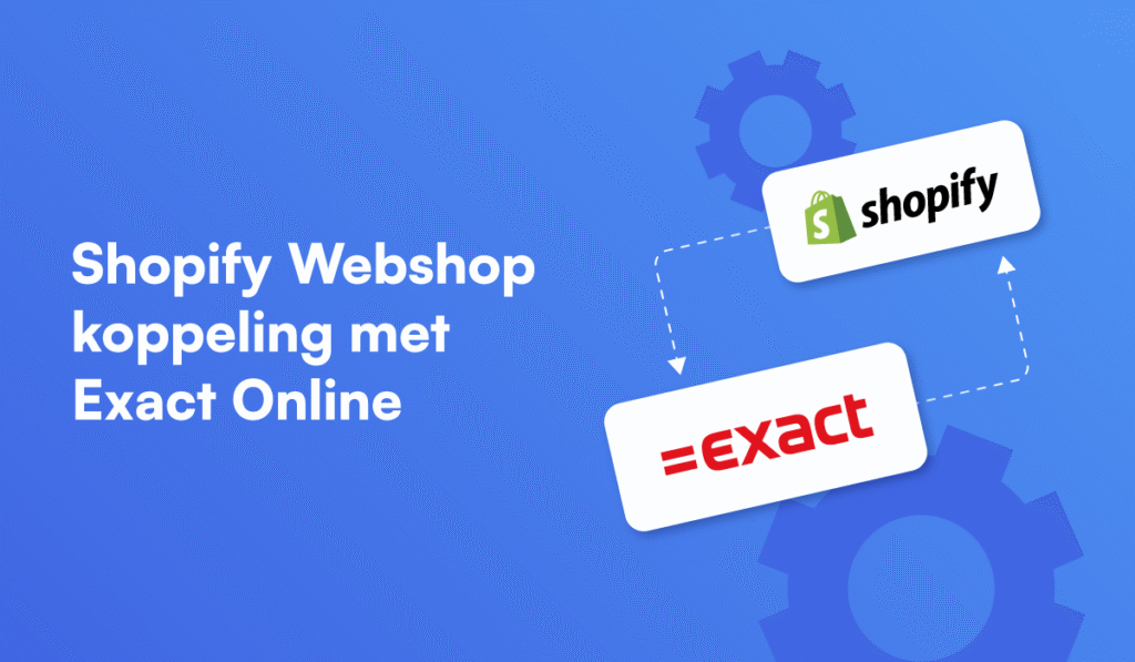 shopify webshop koppeling met exact online, logo van shopify en logo van exact online, op een blauwe achtergrond