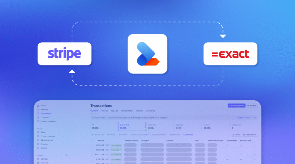 workflow met stripe logo, ziosync logo en exact online logo, met een document op een blauwe achtergrond