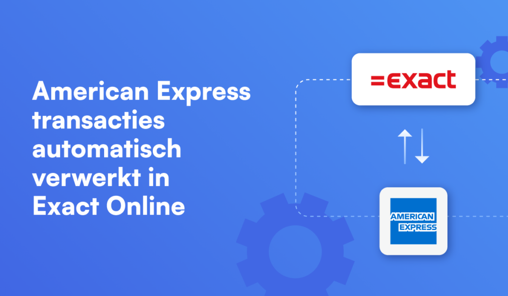 american express transacties automatisch verwerkt in exact online, met exact logo en american express logo op blauwe achtergrond met tandwiel iconen