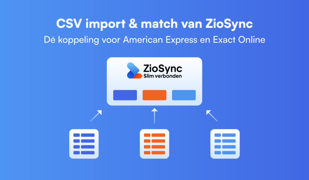 csv import en match van ziosync, de koppeling voor american express en exact online, met ziosync logo in het midden met blauwe en oranje vakken eronder op een blauwe achtergrond
