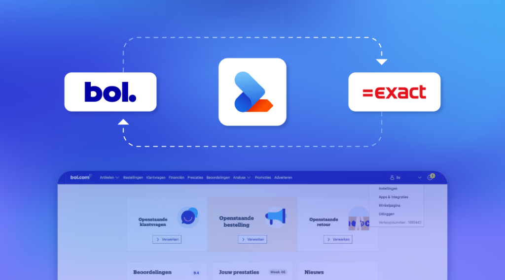 bol, ziosync en exact logo met bol dashboard op blauwe achtergrond