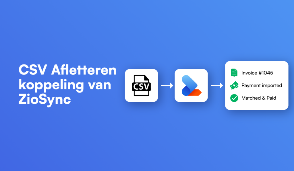 csv afletteren koppeling van ziosync met drie witte blokken met csv icon, ziosync logo en opsomming met groene vinkjes op blauwe achtergrond