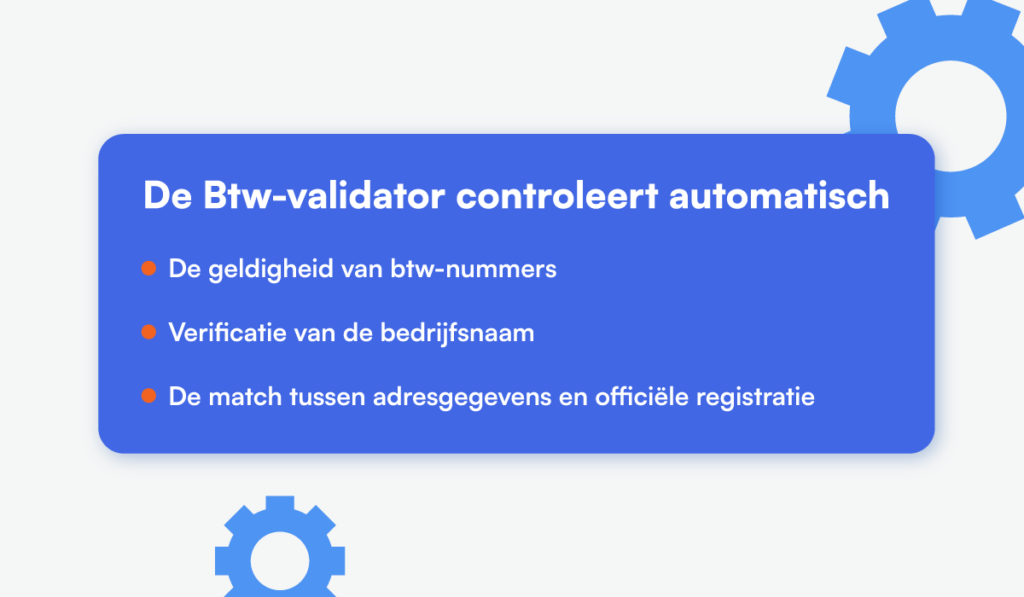 blauw blok met opsomming van wat de btw-validator doet op witte achtergrond met blauwe tandwielen