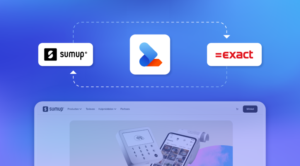 SumUp en Exact logo's verbonden met een gestippelde lijn, met daaronder een website-interface met SumUp-logo en betaalterminals.