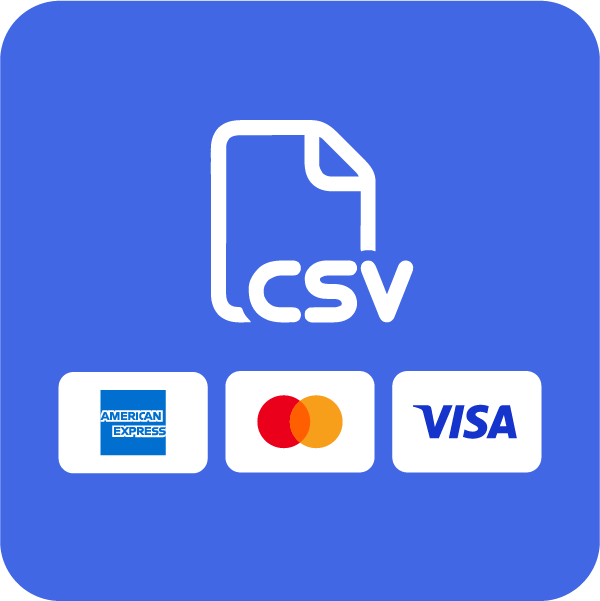 icoon van een CSV-bestand met daaronder de logo's van American Express, Mastercard en Visa