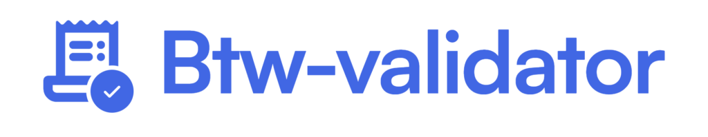 Blauw icoon van een bonnetje met een vinkje, naast de tekst Btw-validator