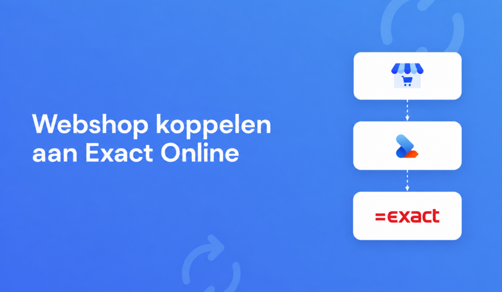 Webshop koppelen aan Exact Online met pictogrammen van een winkel, een pijl en het Exact logo