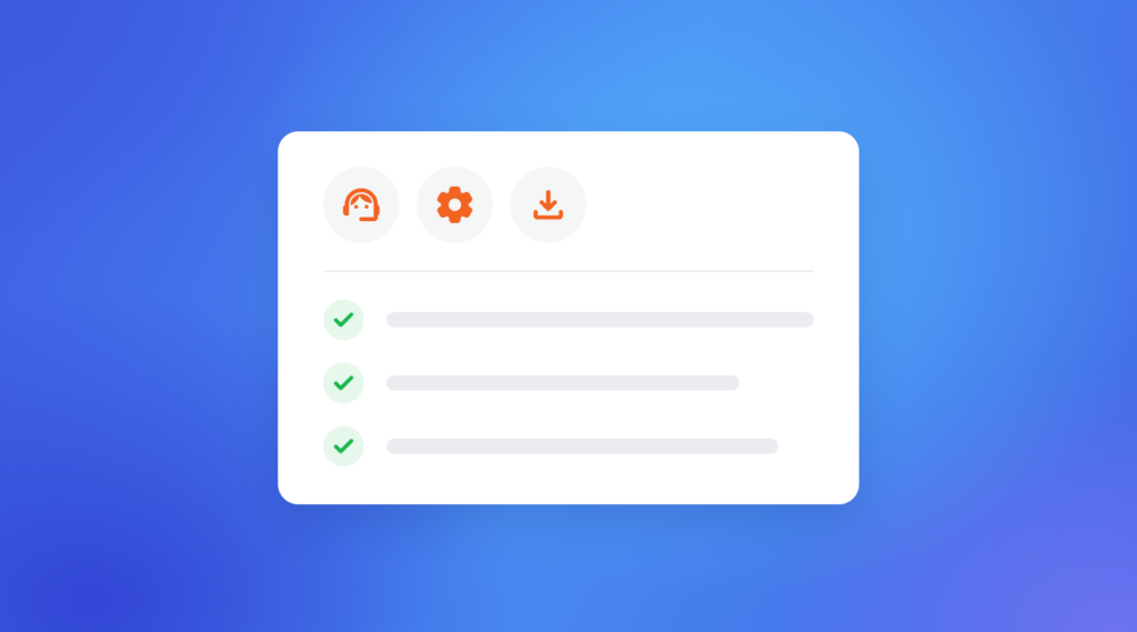 ZioSync-interface met een headseticoon, een tandwielicoon en een downloadicoon bovenaan, gevolgd door drie afgevinkte takenlijsten.