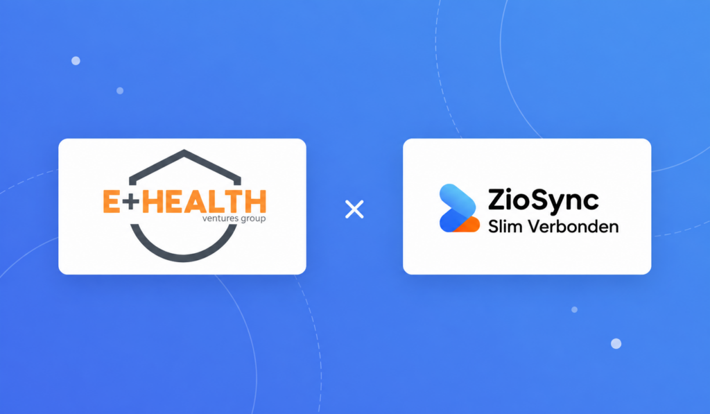 E+HEALTH ventures group logo naast het ZioSync logo met de tekst Slim Verbonden