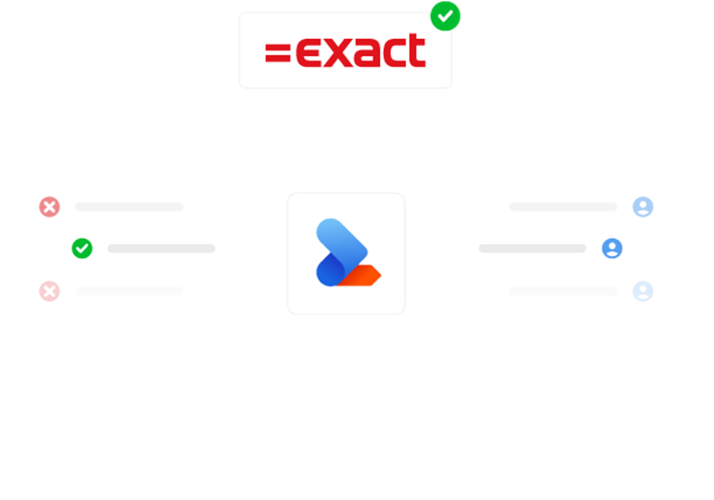 Exact logo met een groen vinkje, een ZioSync logo, en lijsten met vinkjes en kruisjes aan de zijkanten.