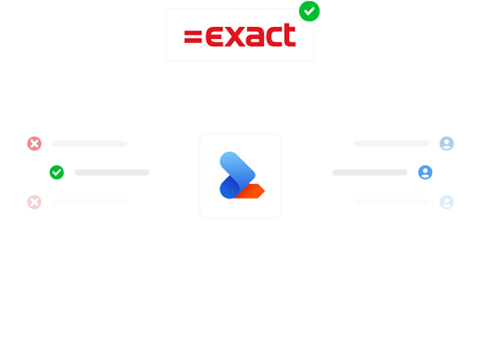 Exact logo met een groen vinkje erboven, een app-icoon met blauwe en oranje pijlen, en lijsten met vinkjes en kruisjes aan de zijkanten.