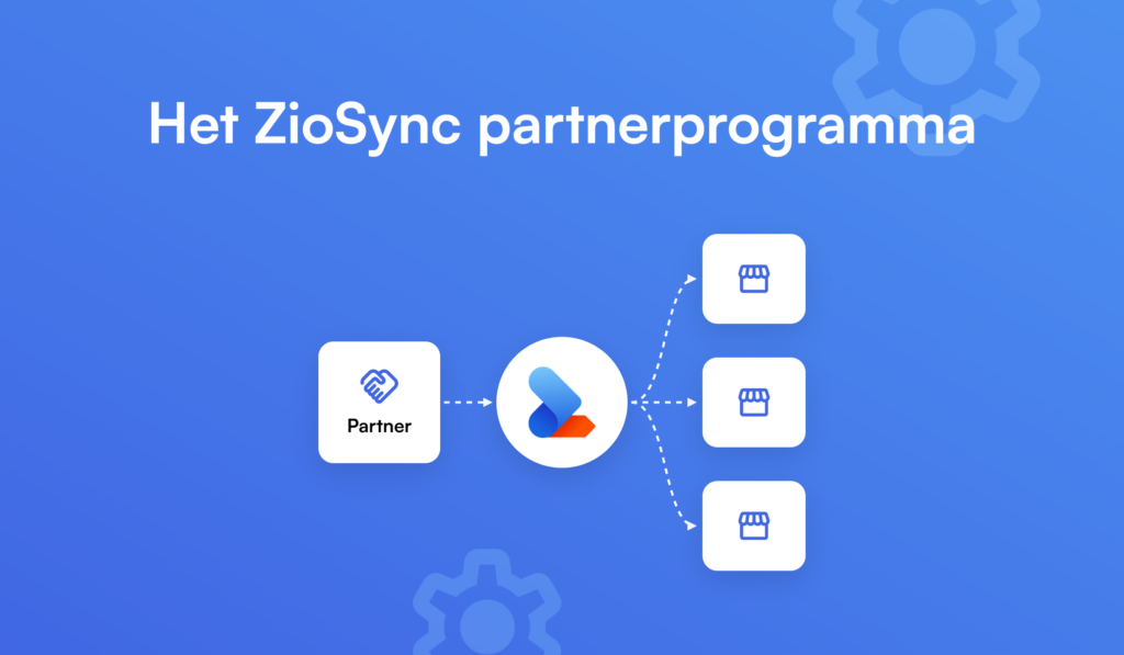 Het ZioSync partnerprogramma met een partnericoon, een verbindend logo en drie winkelicoontjes.