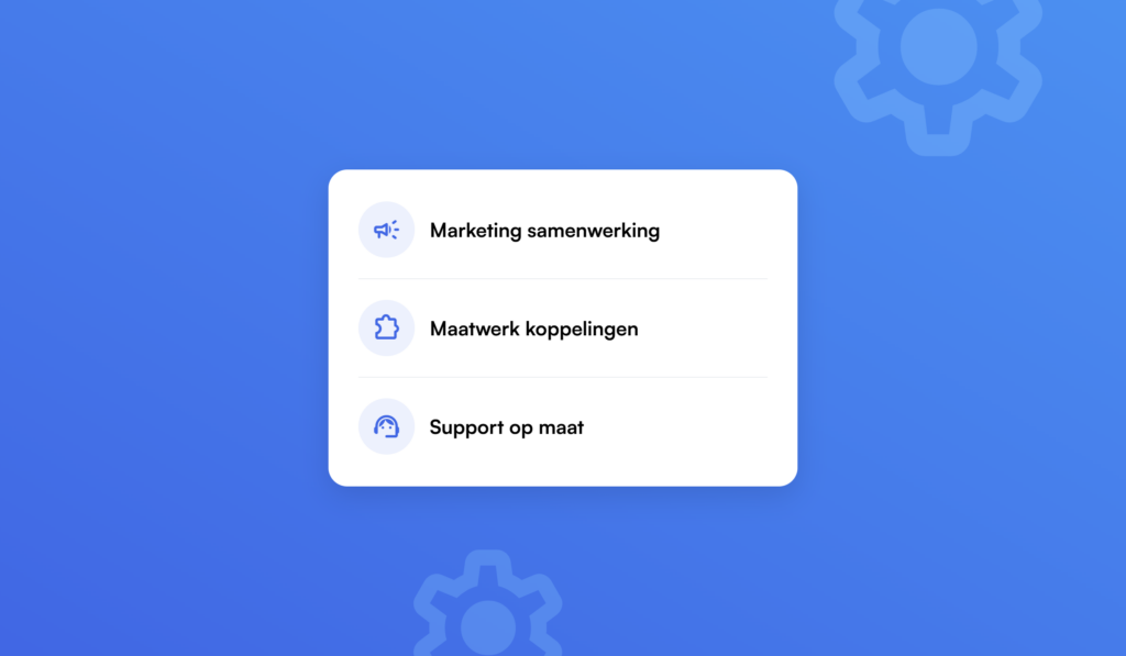Wit kaartje met drie opties: Marketing samenwerking, Maatwerk koppelingen en Support op maat, elk met een bijbehorend icoon.