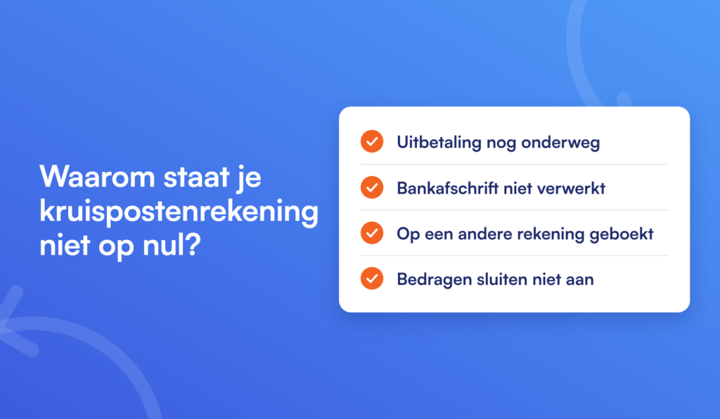 Waarom staat je kruispostenrekening niet op nul: uitbetaling nog onderweg, bankafschrift niet verwerkt, geboekt op een andere rekening, bedragen sluiten niet aan