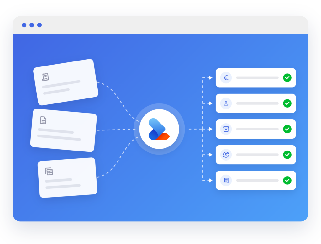 Illustratie van een workflow met drie witte kaarten aan de linkerkant, elk met een grijs pictogram, die via gestippelde lijnen verbonden zijn met een centraal logo met blauwe en oranje pijlen. Vanuit het logo lopen gestippelde lijnen naar vijf witte rechthoeken aan de rechterkant, elk met een pictogram en een groen vinkje.