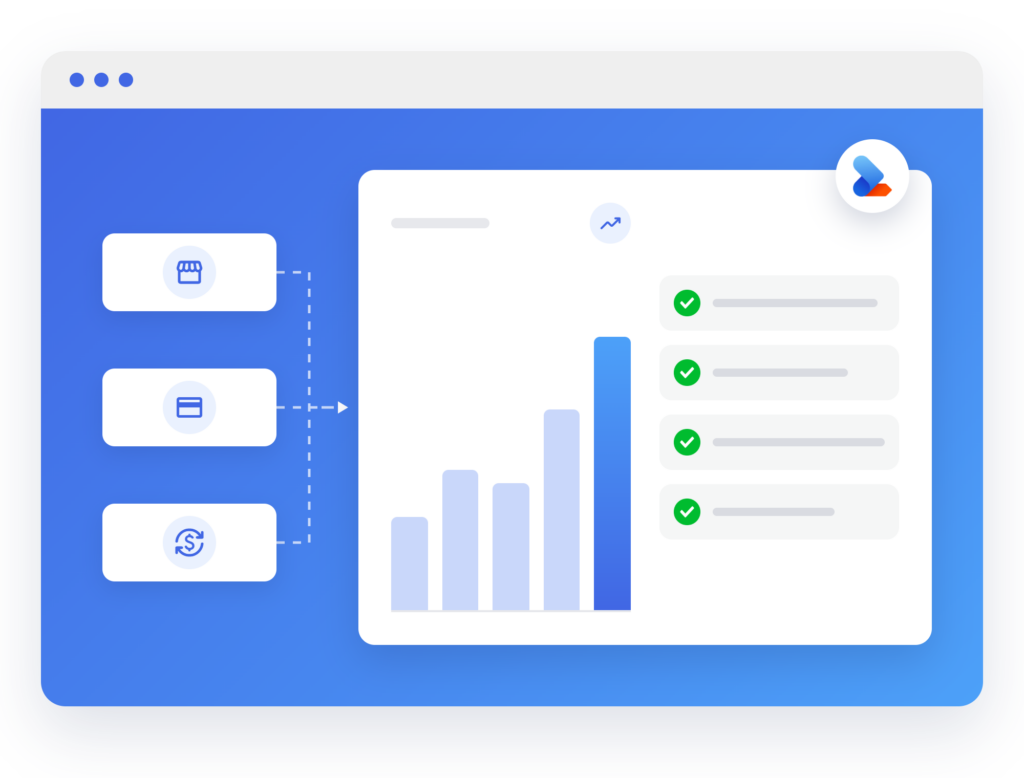 ZioSync-interface met een winkelicoon, een creditcardicoon en een geldoornicoon die verbonden zijn met een grafiek en een lijst met vinkjes.
